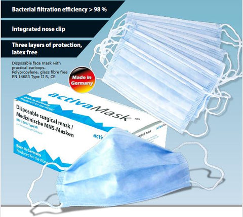 Face masks, EN14683 Type IIR, with earloops, non-sterile pk.50
