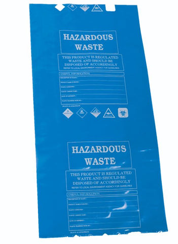 HAZARDOUS WASTE BAGS, BLUE PE, PRINTED, 530 X 1010MM, PK. 50
