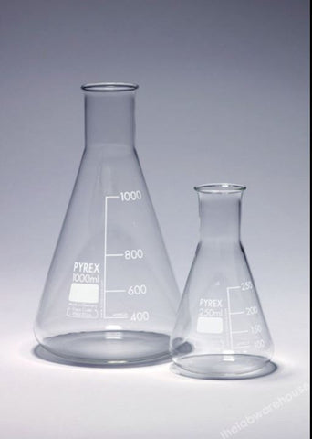 ERLENMEYER FLASK PYREX GLASS N/NECK GRADUATED 1L