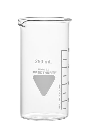 BEAKER RASOTHERM GLASS TALL FORM GRADUATED WITH SPOUT 250ML