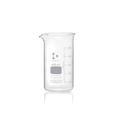 BEAKER DURAN GLASS TALL FORM GRADUATED WITH SPOUT 800ML