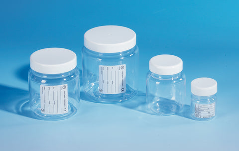 Jars specimen w/neck PS/PP screw cap 350ml non-st. printed label pk.100