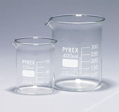 BEAKER, PYREX GLASS LOW FORM GRADUATED WITH SPOUT 250ML