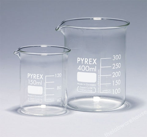 BEAKER PYREX GLASS LOW FORM GRADUATED WITH SPOUT 50ML