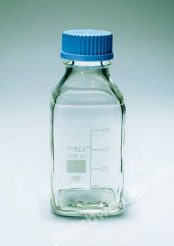REAGENT BOTTLE PYREX SQUARE W/MOUTH 45MM CAP/POUR RING 500ML